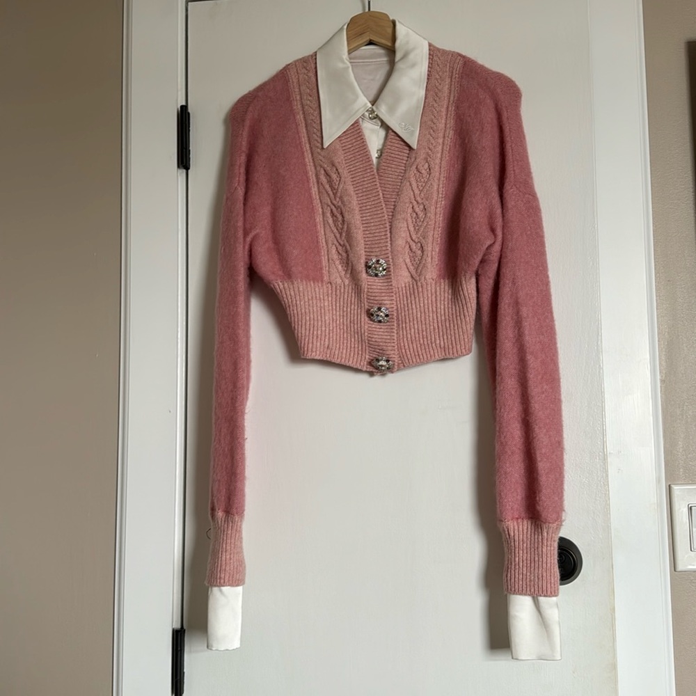 Nana Jacqueline pink cropped cardigan with satin collar and cuffs.